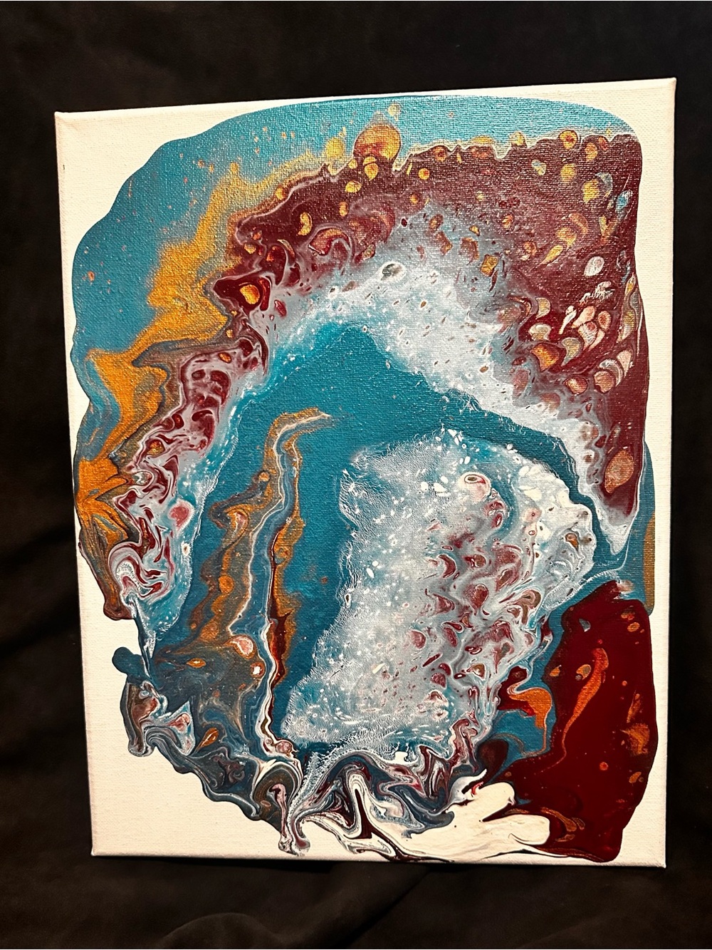 Handmade Abstract Ocean Flow Canvas Art in Teal, Burgundy, Gold
